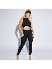Solid Color Hollow Out Fitted Jumpsuit