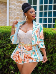 Floral Printed Cropped Blazers Pleated Shorts Sets