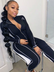 Solid Curved Line Zipper Fitted Jumpsuit