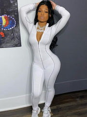 Solid Curved Line Zipper Fitted Jumpsuit