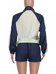 Drawstring Colorblock Zipper Shorts Sets