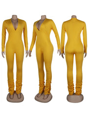 Solid Color Deep V Neck Bodycon Jumpsuits