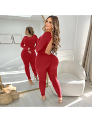 Solid Color long sleeve Backless Jumpsuits