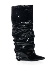 PU Ruched Stacked Wedge Thigh-High Boots