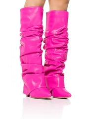 PU Ruched Stacked Wedge Thigh-High Boots