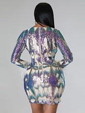 Colorblock Sequin Feather Patchwork Mini Dress