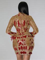 Colorblock Sequin Feather Patchwork Mini Dress