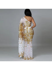 Sequin Patchwork One-shoulder Trailing Dress