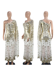 Sequin Patchwork One-shoulder Trailing Dress