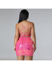 Sequin Lace Up Backless Mini Dress