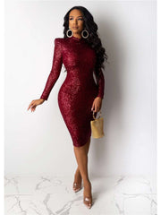 Solid Sequin Patchwork Long Sleeves Midi Dress
