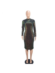 Solid Sequin Patchwork Long Sleeves Midi Dress