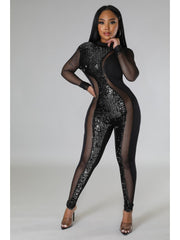 Sequin Patchwork See Through Jumpsuits
