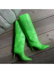 Snake Print Solid Pointed Thigh-High Boots