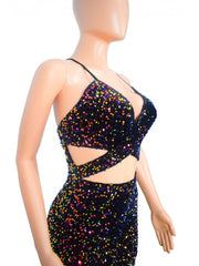 Colorblock Sequin Hollow Out Sleeveless Dresses
