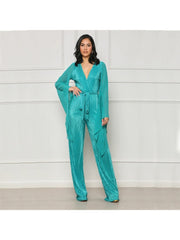 Lace Up Pleated V Neck Jumpsuits