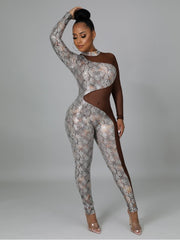 Snake Print See Through Bodycon Jumpsuits