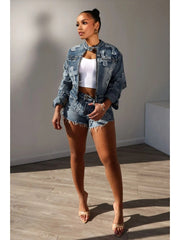 Embroidery Denim Cropped Jackets Shorts Sets