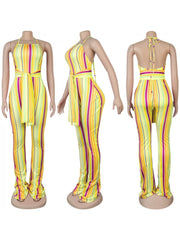 Striped  Backless Flared Leg Jumpsuits