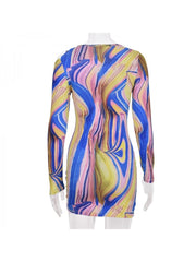 Geometric Pattern Gradient Color High Rise Long Sleeves Dress