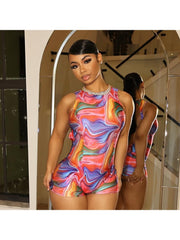Colorblock Printed Cutouts Backless Rompers