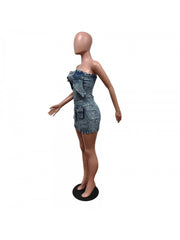Denim Multi Pocket Strapless Mini Dress