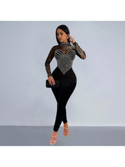 Hotfix Rhinestones Perspective Fitted Jumpsuits