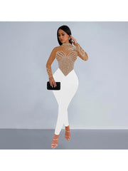 Hotfix Rhinestones Perspective Fitted Jumpsuits