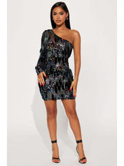 Sequin One-shoulder Fitted Mini Dress