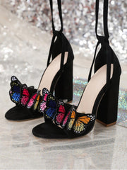 Embroidery Butterfly Lace-Up Chunky Heels