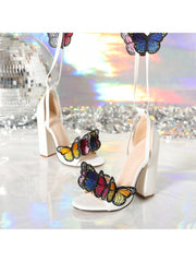 Embroidery Butterfly Lace-Up Chunky Heels