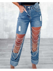 Solid Color Denim Mid-rise Jeans