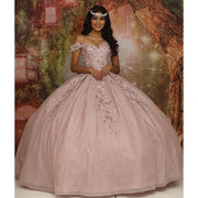 Pink Off The Shoulder Quinceanera Dresses 2022 Shiny Tulle Princess 3D Flowers Sweetheart Sweet 16 Ball Gown Pageant Party