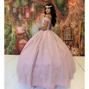 Pink Off The Shoulder Quinceanera Dresses 2022 Shiny Tulle Princess 3D Flowers Sweetheart Sweet 16 Ball Gown Pageant Party