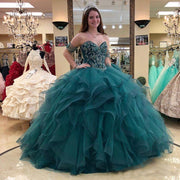 Princess Ball Gown Quinceanera Dresses 2021 Sweetheart Off Shoulder Appliques Sequins Beads Pageant Party Sweet 15 Dress Tiered