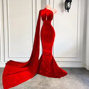 Real Picture Long Prom Dresses 2024 One Shoulder Sexy Mermaid Style Red Velvet Fitted Prom Gowns