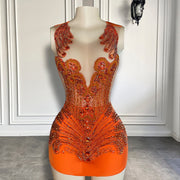 Cute Sheer Scoop Neckline See Through Women Cocktail Gowns Orange Beaded Short Prom Dresses 2023