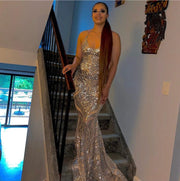 Sexy V-neck Open Back Mermaid Gala Silver Sequin Long Prom Dresses 2022 For Birthday Party