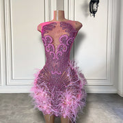 Luxury Crystal Halter Feather Mini Dress