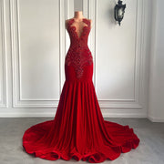 Long Prom Dresses 2023 Luxury Sparkly Beaded Diamond Sexy Mermaid Sheer Top Red Velvet Prom Gala Gowns
