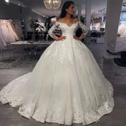 Dubai Gorgeous V Neck Wedding Dresses Lace Sparkly Ball Gown Long Sleeves Bridal Gowns Off The Shoulder Vestido De Novia 2023