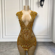 Sparkly Sheer Sexy See Through Women Cocktail Birthday Party Gowns Luxury Gold Diamond Short Mini Prom Dresses 2023
