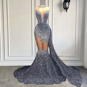 Long Sparkly Prom Dresses 2023 Luxury Silver Diamond Crystals Sequin Mermaid Prom Gowns With Side Train