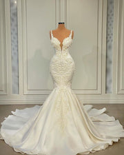Vintage Sexy Mermaid Wedding Dress 2022 V-neck Sleeveless Pearls Lace  White Bridal Wedding Gowns