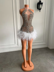 Sparkly Crystal White Feather Mini Dress