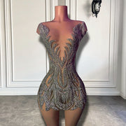 Luxury Sexy See Through Silver Beaded Crystals Short Mini Prom Dresses 2023 For Birthday Party