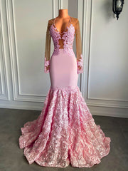Long Pink Prom Dresses 2023 V-neck Long Sleeve Top See Through Beaded Lace 3D Flowers Mermaid Prom Dress