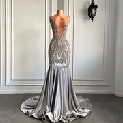 Sexy Sheer See Through Top Women Prom Gowns Luxury Sparkly Diamond Silver Velvet Mermaid Long Prom Dresses 2023