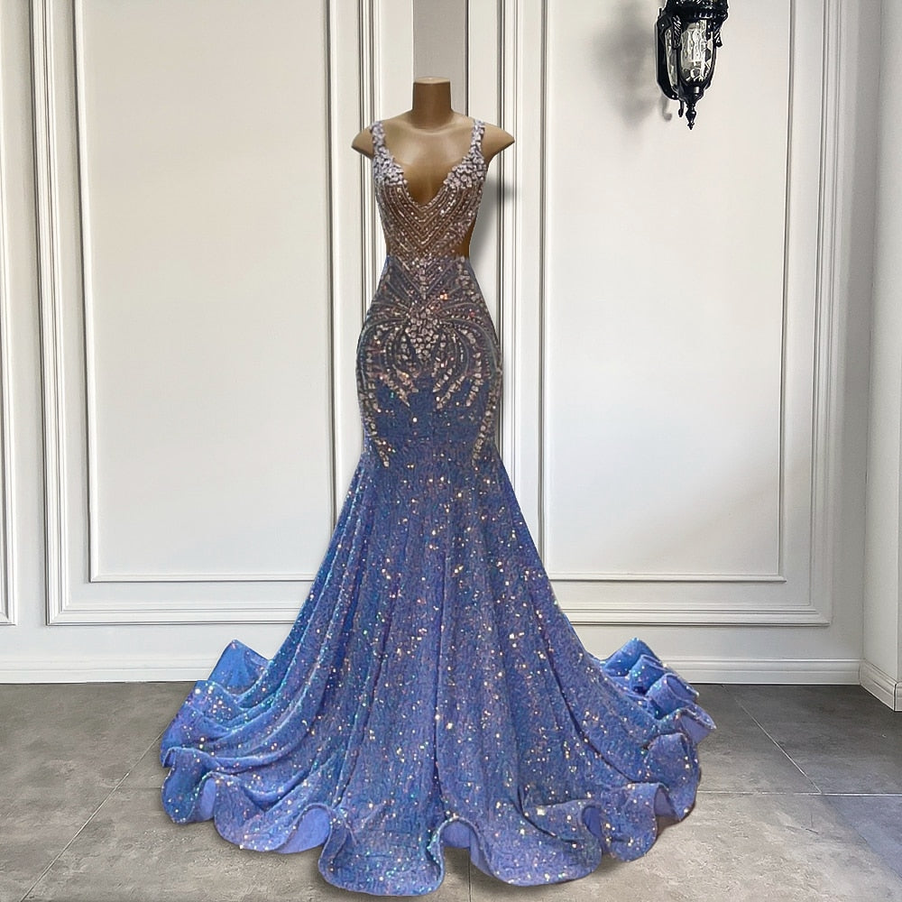 Sparkly Light Blue Mermaid Prom Dress with Silver Crystals – E&V's Deals