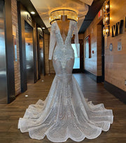 Long Sleeve Prom Dresses 2023 Sexy Sparkly Luxury Mermaid Style See Through Silver Diamon Prom Party Gala Gowns